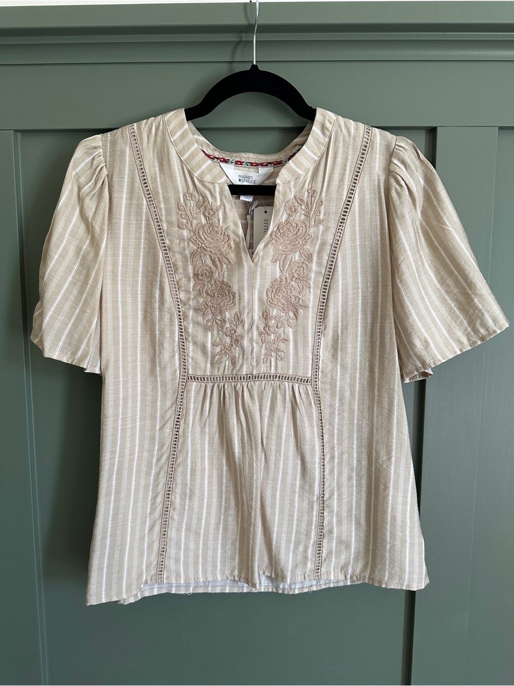 Market & Spruce Cream Woodward Striped Embroidered Top